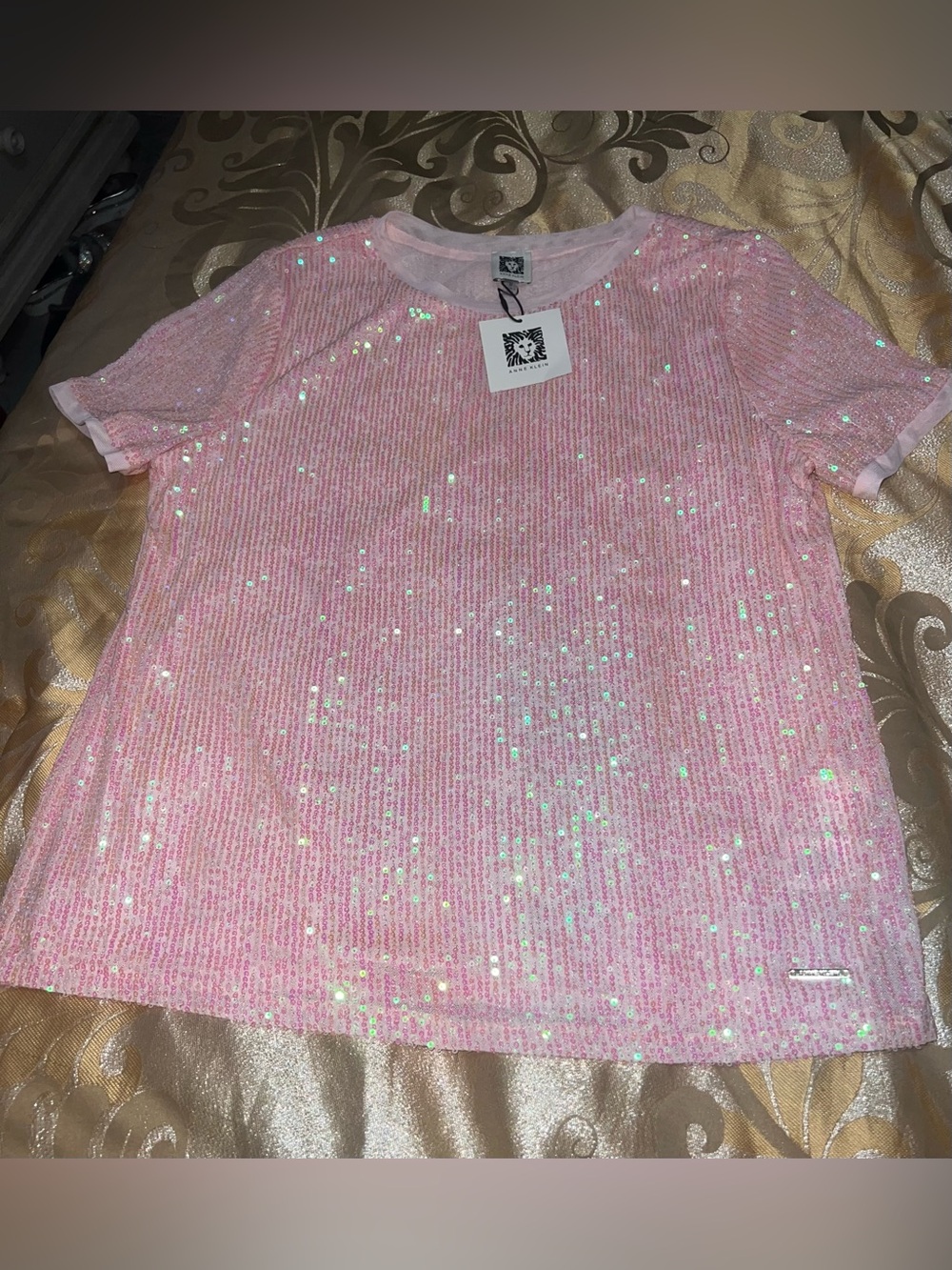 NWT Anne Klein Pink Sequin Short Sleeve Top Sparkly T-Shirt Blouse Lined